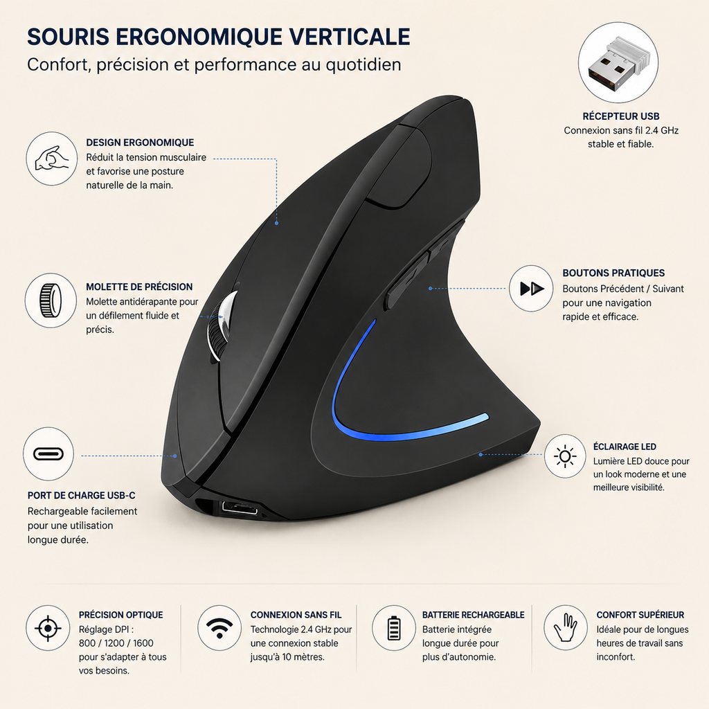 Souris Verticale Ergonomique Sans Fil