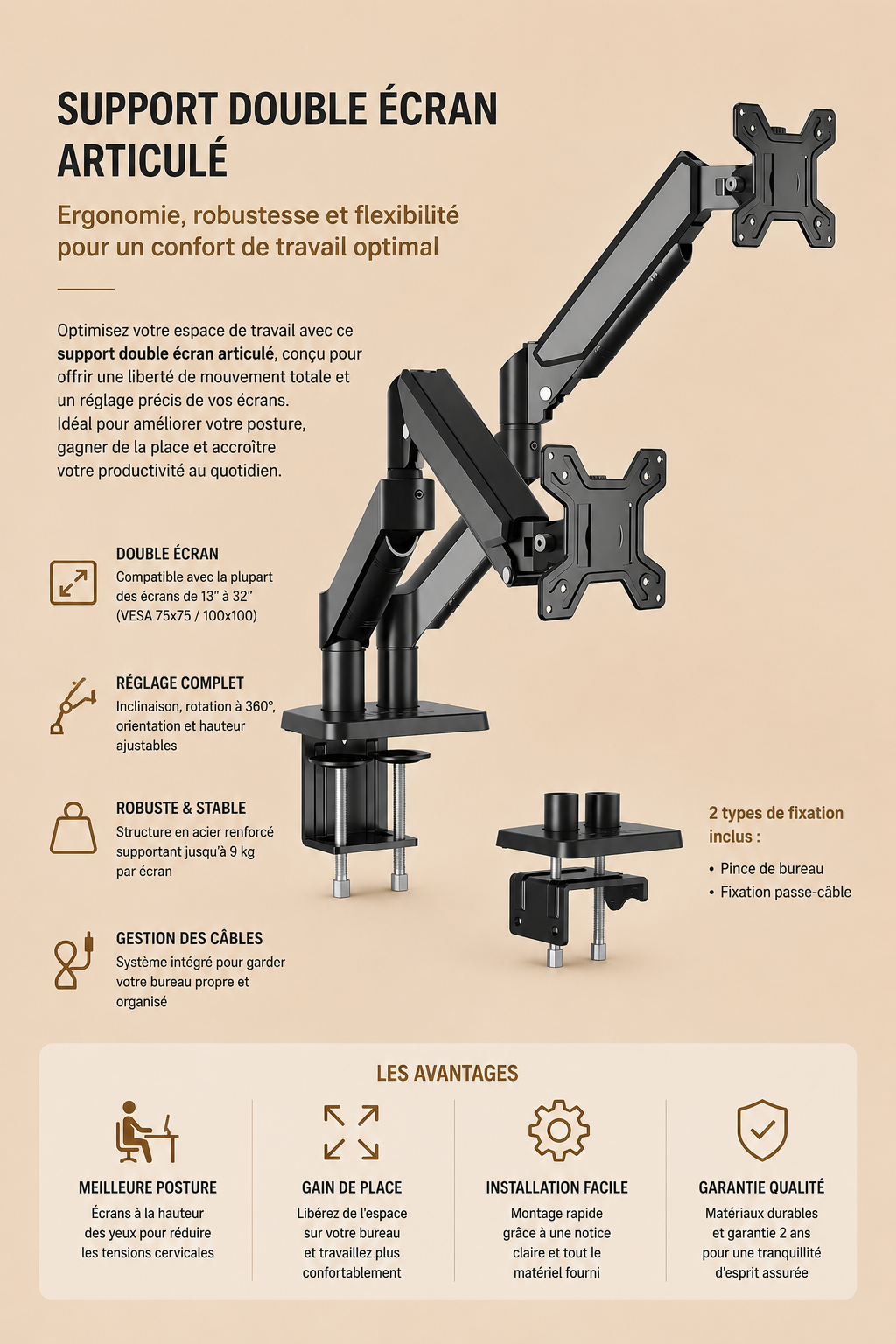 Support Double Moniteur Réglable